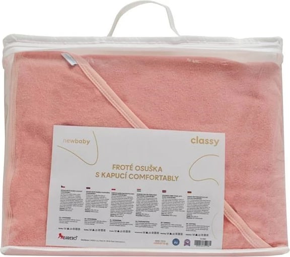 peshqir bebe me kapuç NEW BABY Comfortably 100x100 cm, 100% pambuk, 2 shtresa, rozë