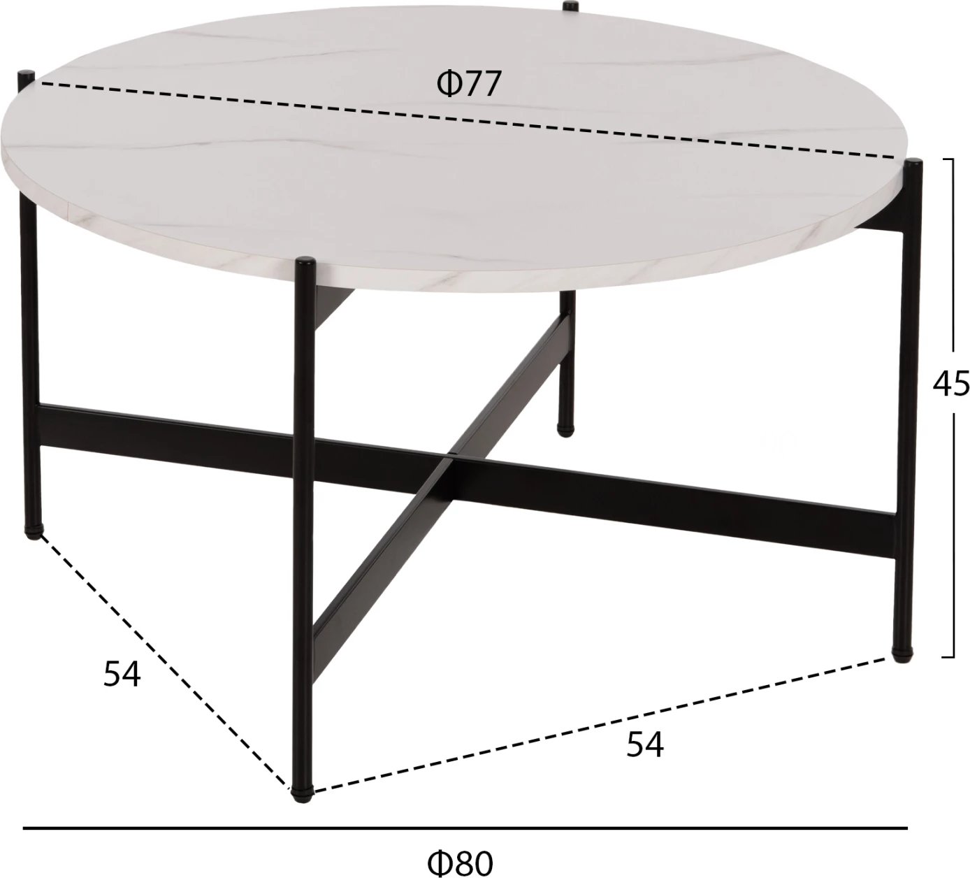 Tavolinë kafeje FH9588.05, sipërfaqe tavoline mermeri e bardhë, bazë metalike e zezë, Φ80x45Hcm