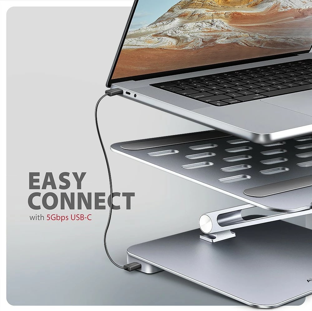 Mbajtës me hub 7-në-1 AXAGON HMC-STND, për laptop 10"-16", alumini, 3x USB-A, HDMI 4K, RJ-45, PD 100W, argjendtë