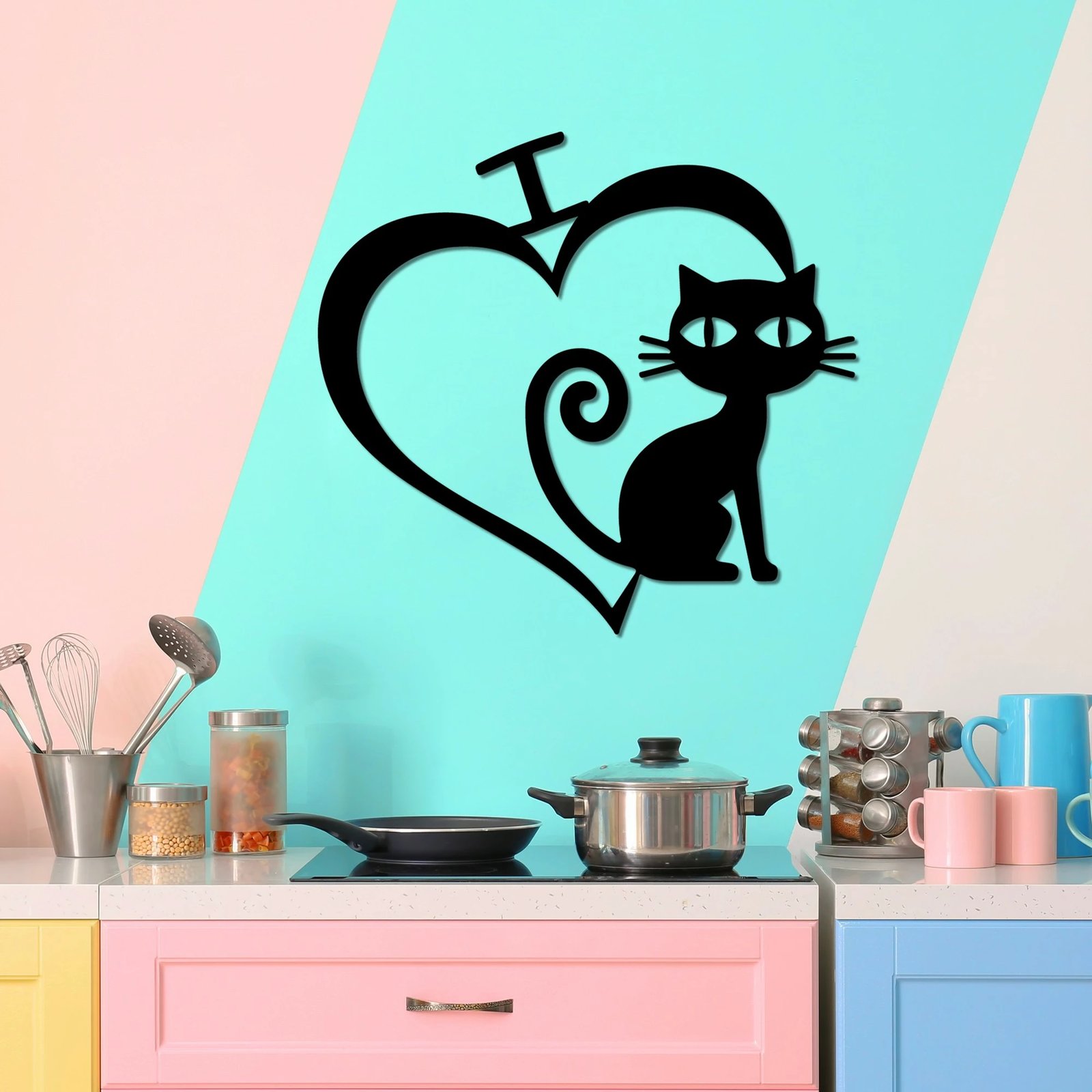 Aksesor dekorativ metalik për mur, mace, Wallity, Cat 4, ngjyrë e zezë, 50x54cm