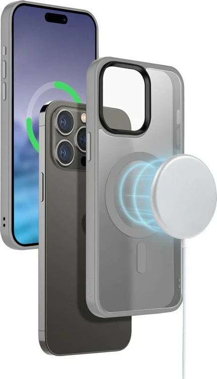 Mbështjellës CRONG Hybrid Frost MAG Cover për iPhone 15 Pro, MagSafe, Gri, Transparent