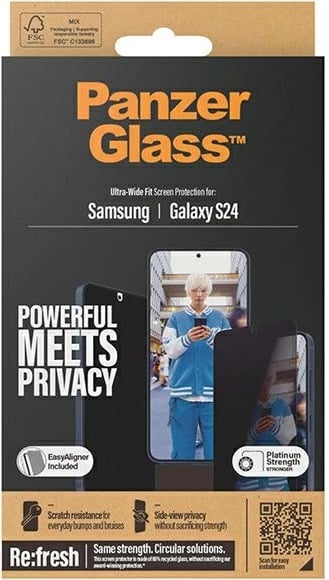 Mbrojtës ekrani PanzerGlass Ultra-Wide Fit Privacy me pozicionues, për Samsung Galaxy S24, xham i temperuar