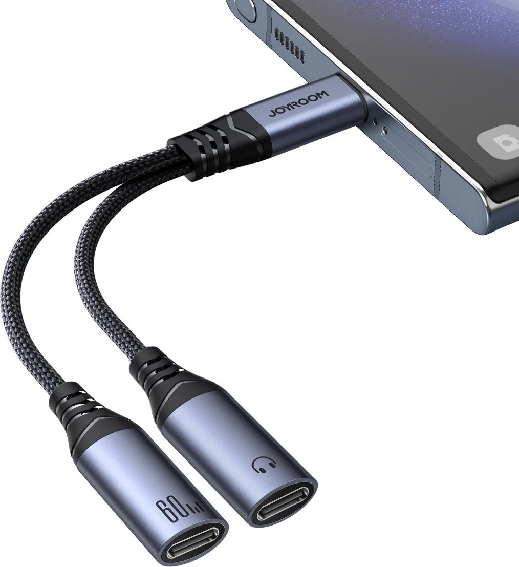 Adapter USB-C në 2x USB-C Joyroom SY-C03, DAC, 60W, i zi Adapter USB-C në 2x USB-C Joyroom SY-C03, DAC, 60W, i zi
