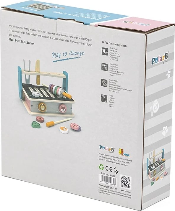 Mini kuzhinë druri, Viga, sobë palosëse me tigan e tenxhere, aksesorë lojë imagjinare 2+ vjeç, multikolor, set