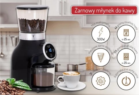 Mulli kafeje me burr konik, Adler AD 4450, 31 nivele, hopper 300 g, 300W, timer 25 s, e zezë/argjend Mulli kafeje me burr konik, Adler AD 4450, 31 nivele, hopper 300 g, 300W, timer 25 s, e zezë/argjend