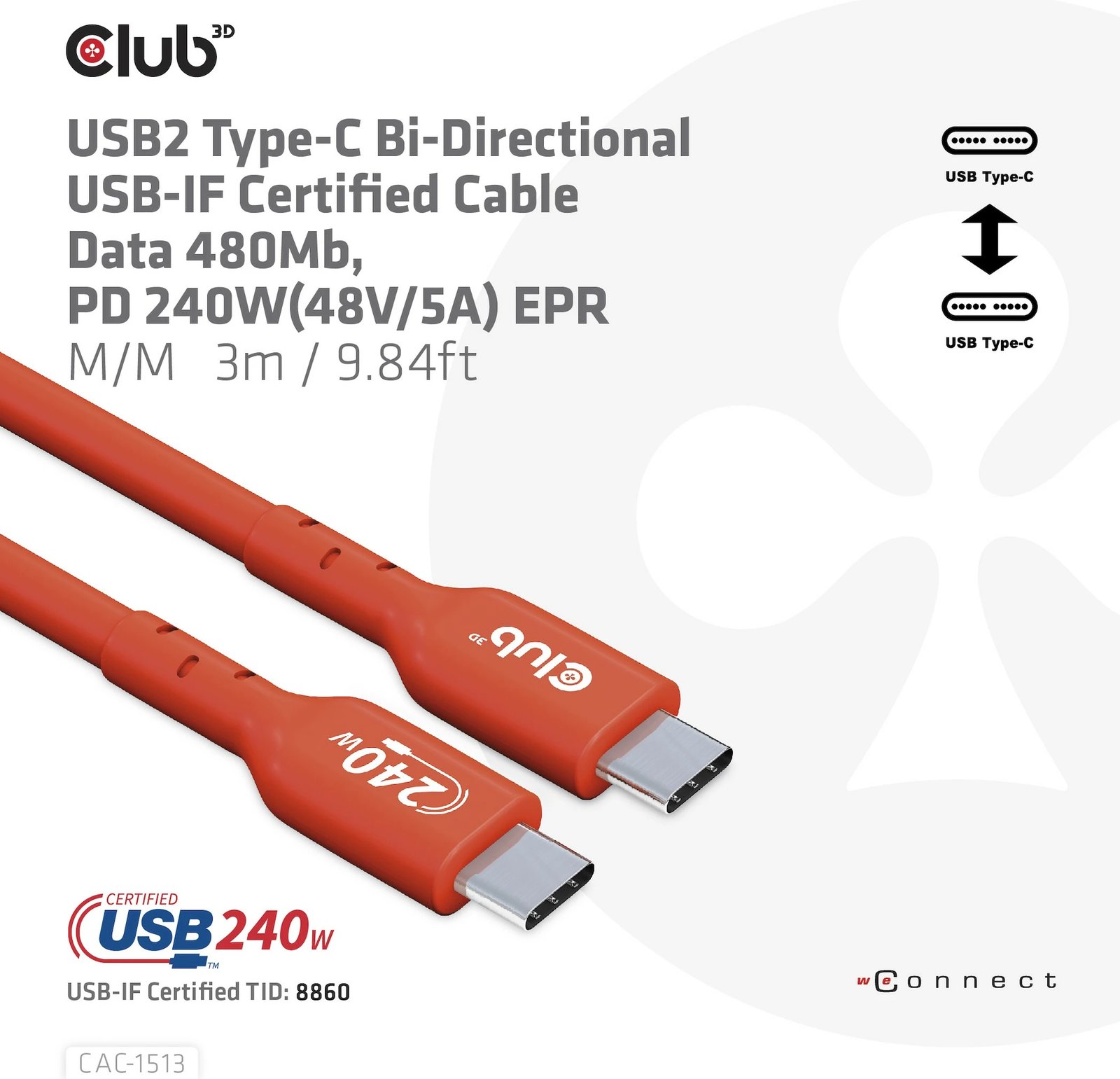 Kabllo USB-C Club3D CAC-1513, 3m, 240W, 480Mb/s, kuqe Kabllo USB-C Club3D CAC-1513, 3m, 240W, 480Mb/s, kuqe