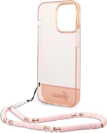 Mbështjellës Guess GUHCP14LHGCOHP për iPhone 14 Pro 6.1", hardcase, Translucent Pearl Strap, rozë