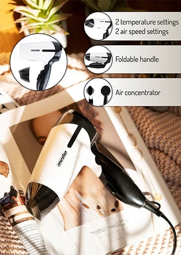 Tharëse flokësh, Mesko, MS 2262, 1000W, dorezë palosëse, 2 shpejtësi/2 temperatura, me koncentrator, bardh e zezë