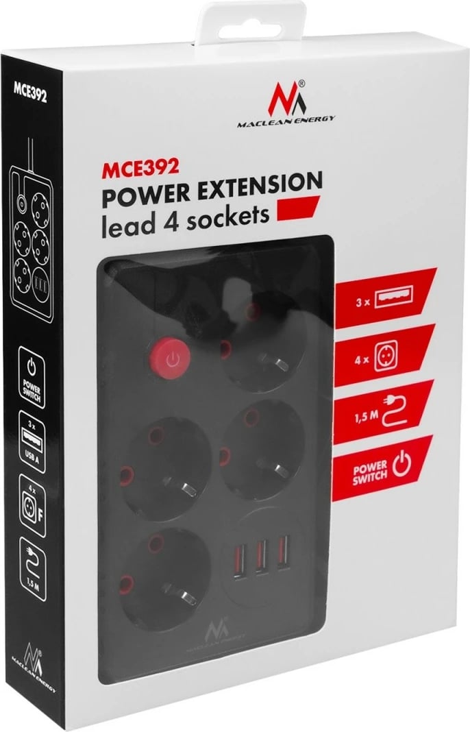 Prizë zgjatuese Maclean MCE392 B, 4x Schuko + 3x USB, 2500W, kabllo 1.5 m, e zezë