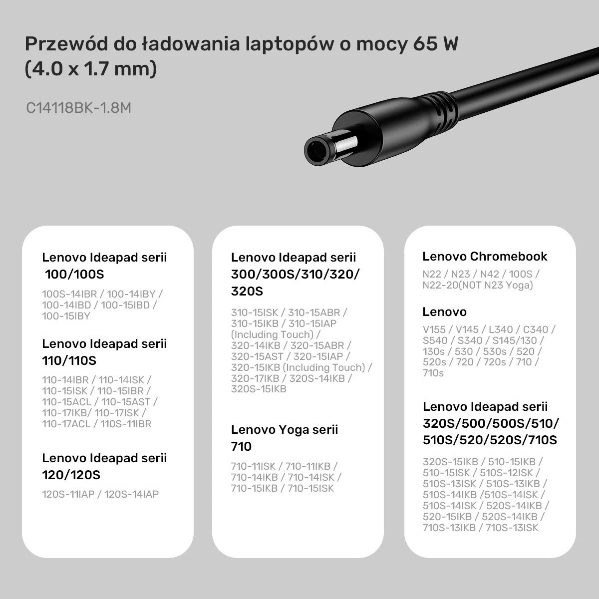 Kablli i Energjisë për Lenovo Unitek, 65W USB-C - DC4,0mm, ngjyrë e zezë
