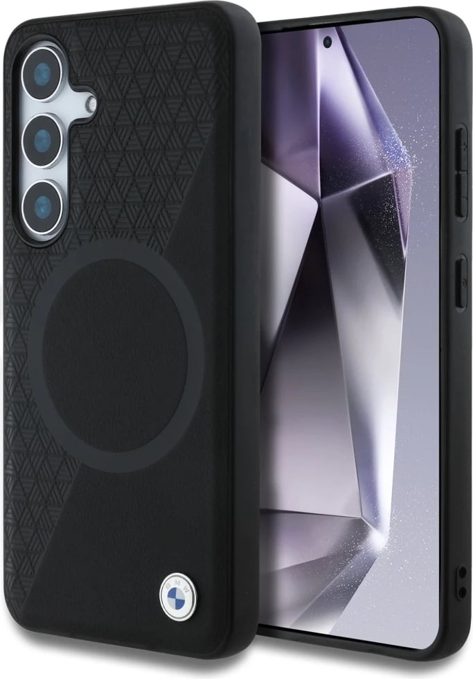 Mbështjellës BMW Leather Half Textured MagSafe për Samsung Galaxy S25, i zi