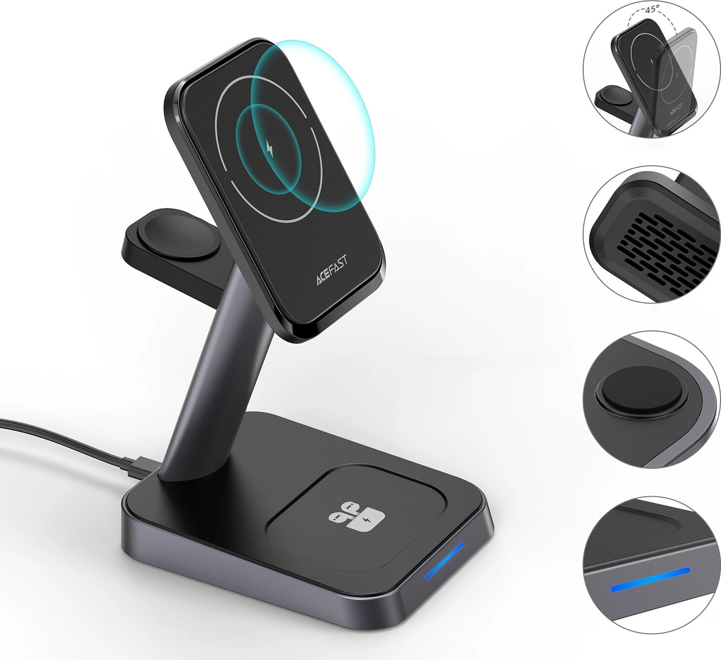 Karikues wireless Acefast E3, 15W, për iPhone me MagSafe, Apple Watch dhe AirPods, i zi
