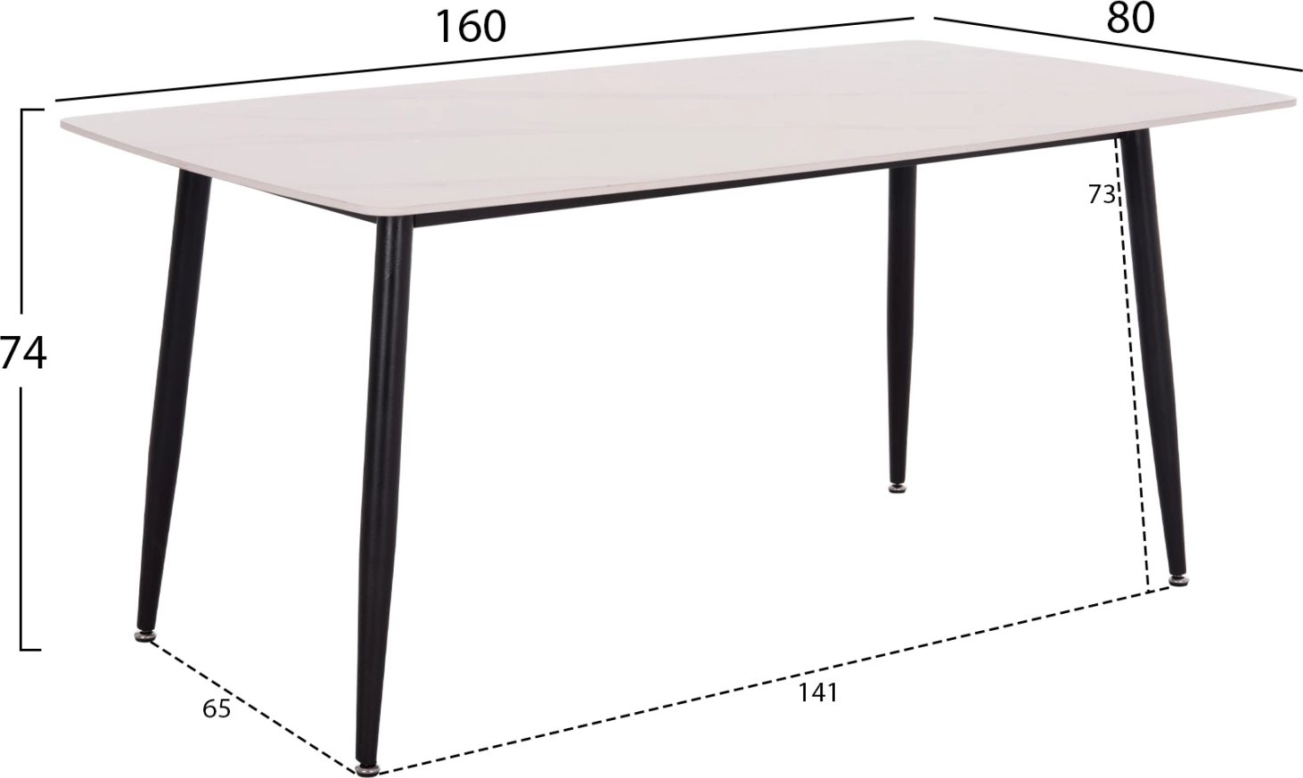 Tavolinë ngrënieje RAVEN, sipërfaqe qeramike, pamje mermeri të bardhë, 160x80x74cm