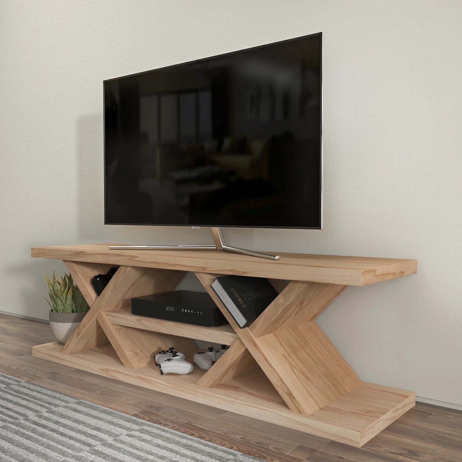 Komodë TV Skye Decor, masiv, ngjyrë lisi