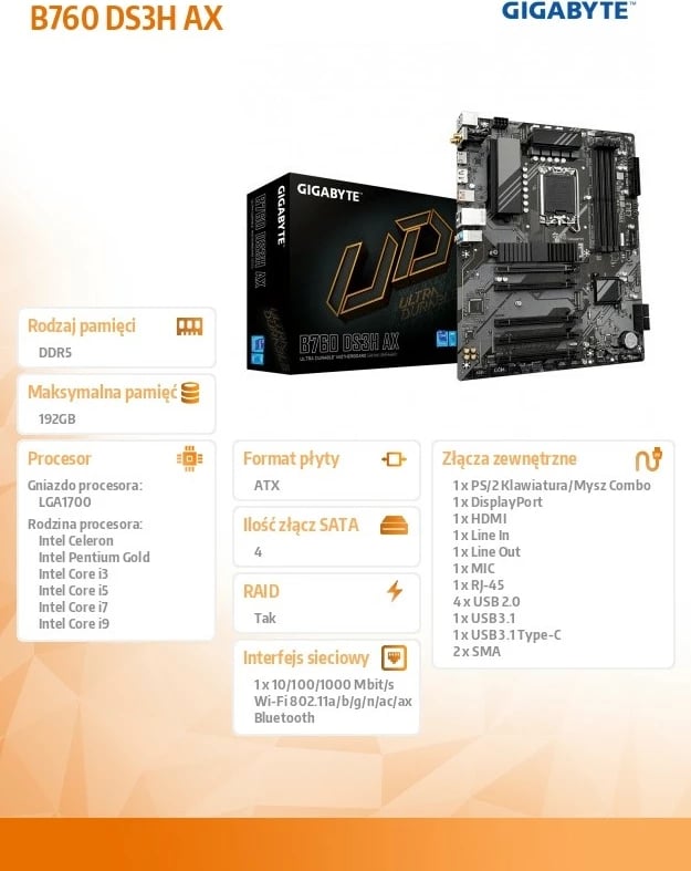 Pllakë amë Gigabyte B760 DS3H AX, ATX, LGA1700, 4x DDR5, Wi-Fi 6E, E zezë