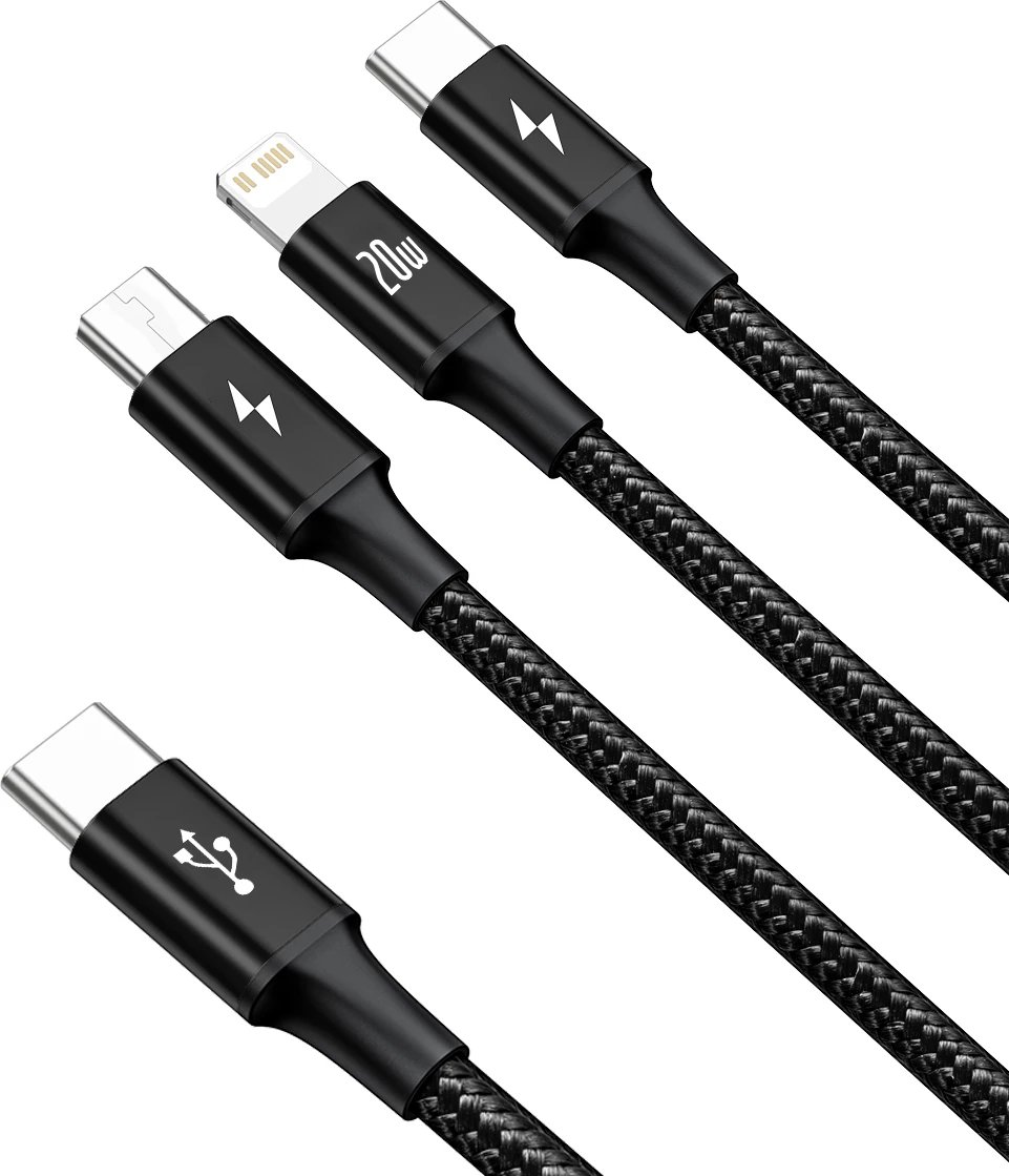 Kabllo 3n1 Baseus Rapid Series CAMLT-SC01, 1.5m, 20W, USB-C/Lightning/micro USB, e zezë Kabllo 3n1 Baseus Rapid Series CAMLT-SC01, 1.5m, 20W, USB-C/Lightning/micro USB, e zezë