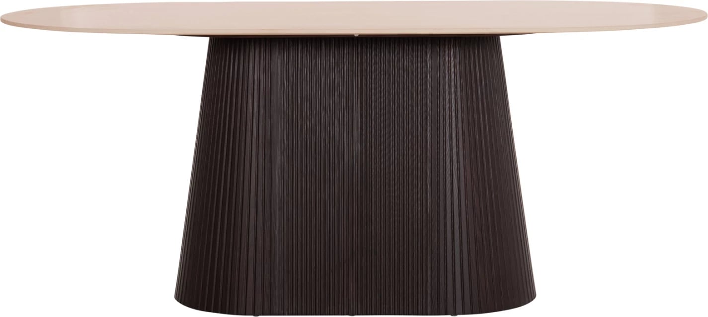 Tavolinë ngrënieje ovale CATER, sipërfaqe qeramike travertin, bazë MDF ngjyrë kafe e errët, 188x98x78cm