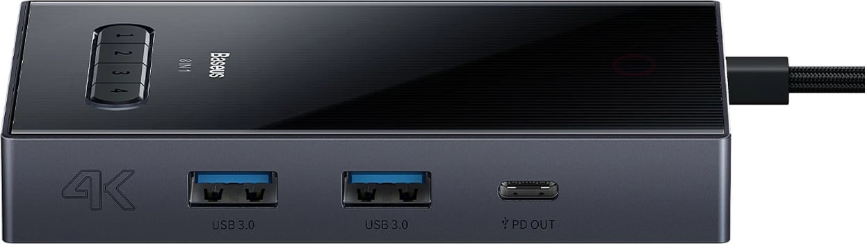 Kasë Baseus PioneerJoy 8-in-1, USB-C hub, HDMI 4K@60Hz, DisplayPort 8K@30Hz, VGA, 2x USB-A 3.0, 2x USB-C, gri