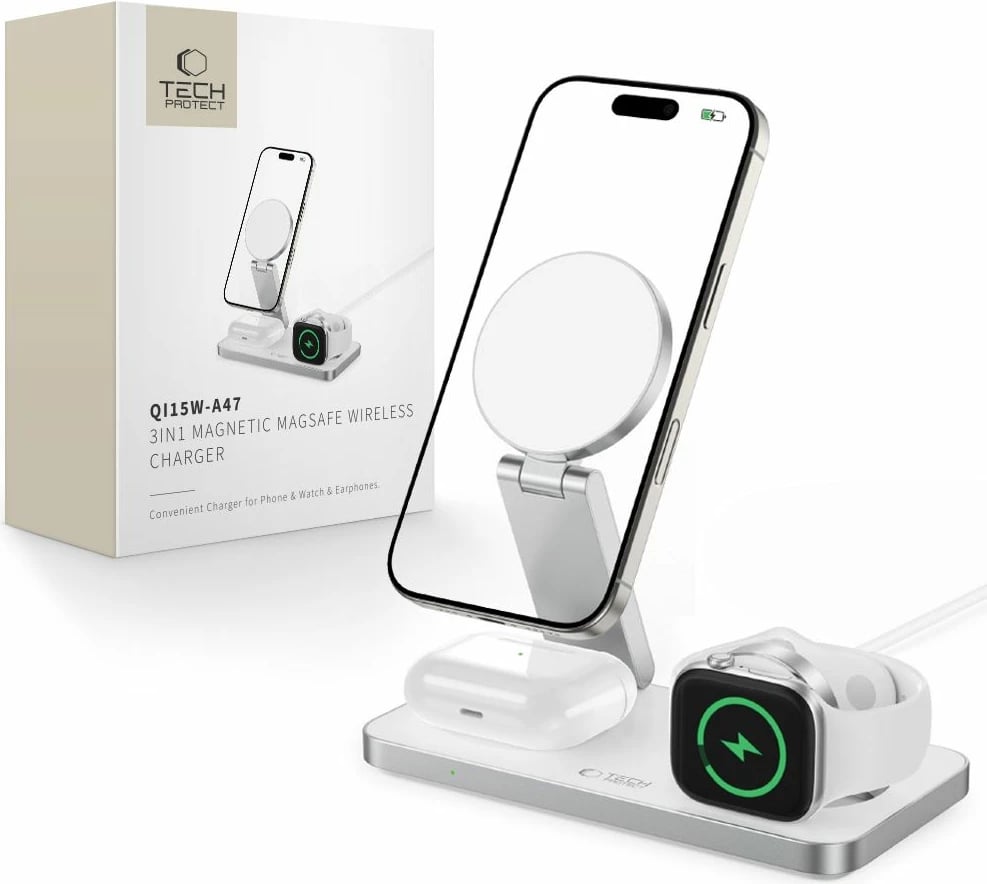 Karikues induktiv 3-në-1 Tech-Protect QI15W-A47 me MagSafe, USB-C, Bardhë