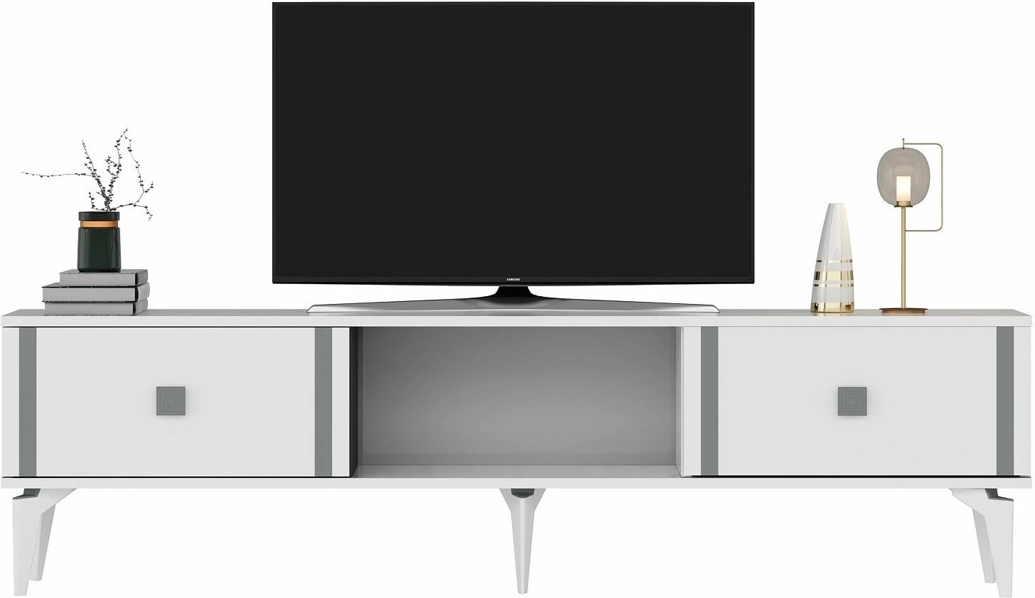 Komodë TV Skye Decor, e bardhë, argjend