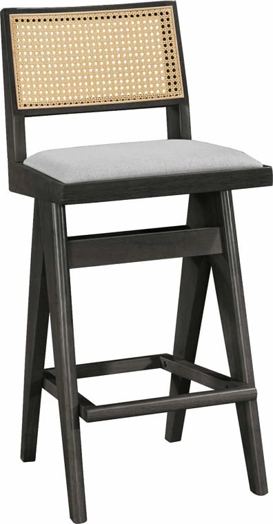 Karrige për bar Winslow, dru rubberwood, ngjyrë e zezë, ratan pvc natyral, ulëse gri, set prej 2 copë, 44.5x46x98cm