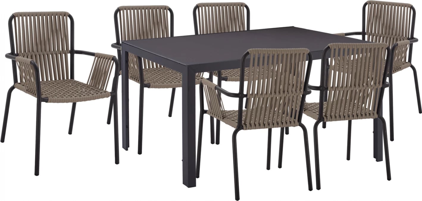 Set për darkë 7 pjesë, tavolinë gri 150x90 dhe karrige me litar FH11525.01