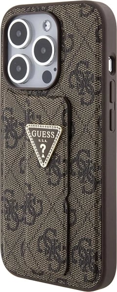 Mbështjellës Guess Grip Stand 4G Triangle Strass për iPhone 15 Pro Max, kafe