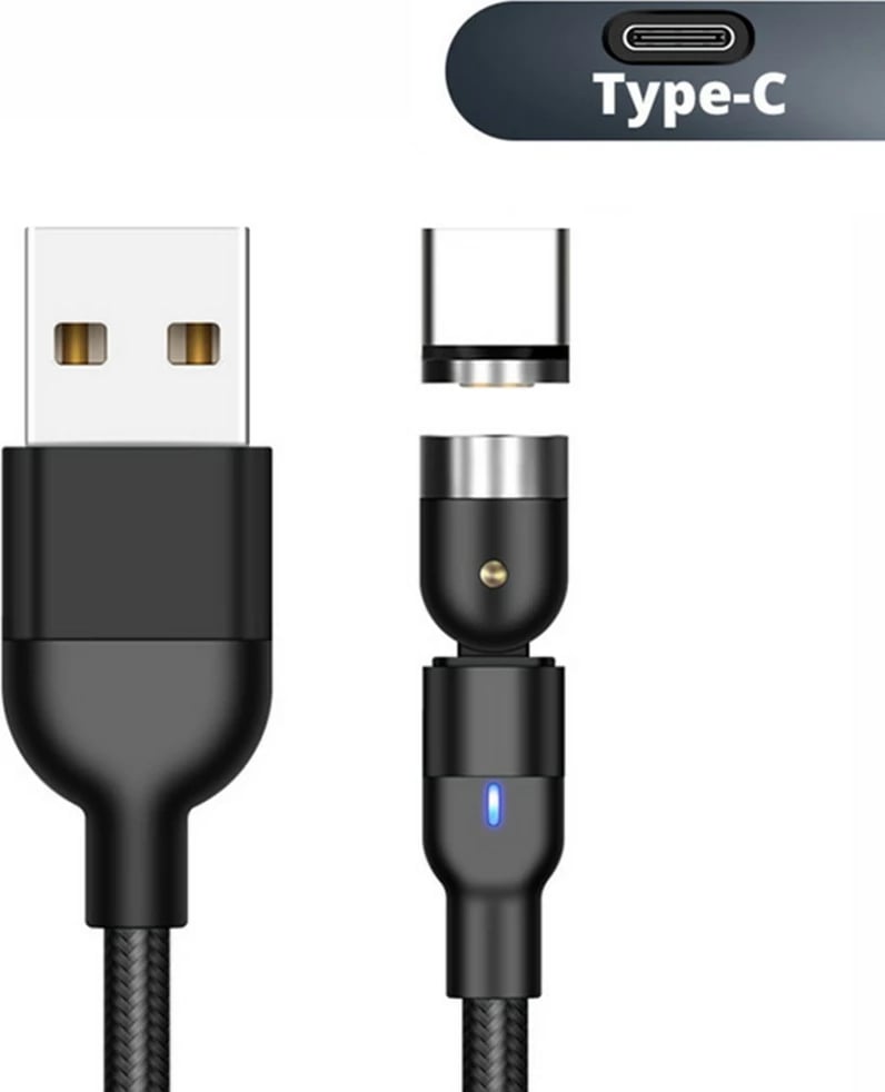 Kabllo magnetike USB-A në USB-C, Maclean, MCE475, 2m, këndore me lidhës rrotullues, e zezë