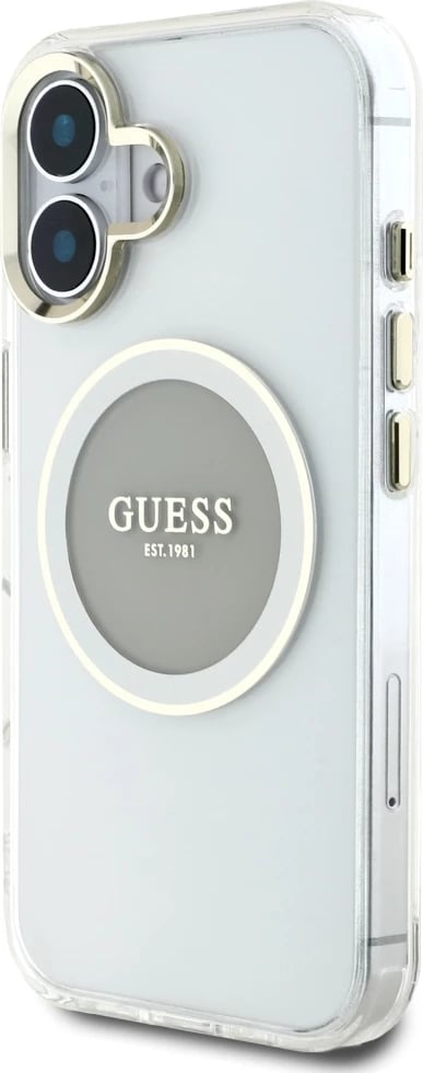 Mbështjellës Guess IML Metal Colored Circle Classic Logo MagSafe për iPhone 16, Gri