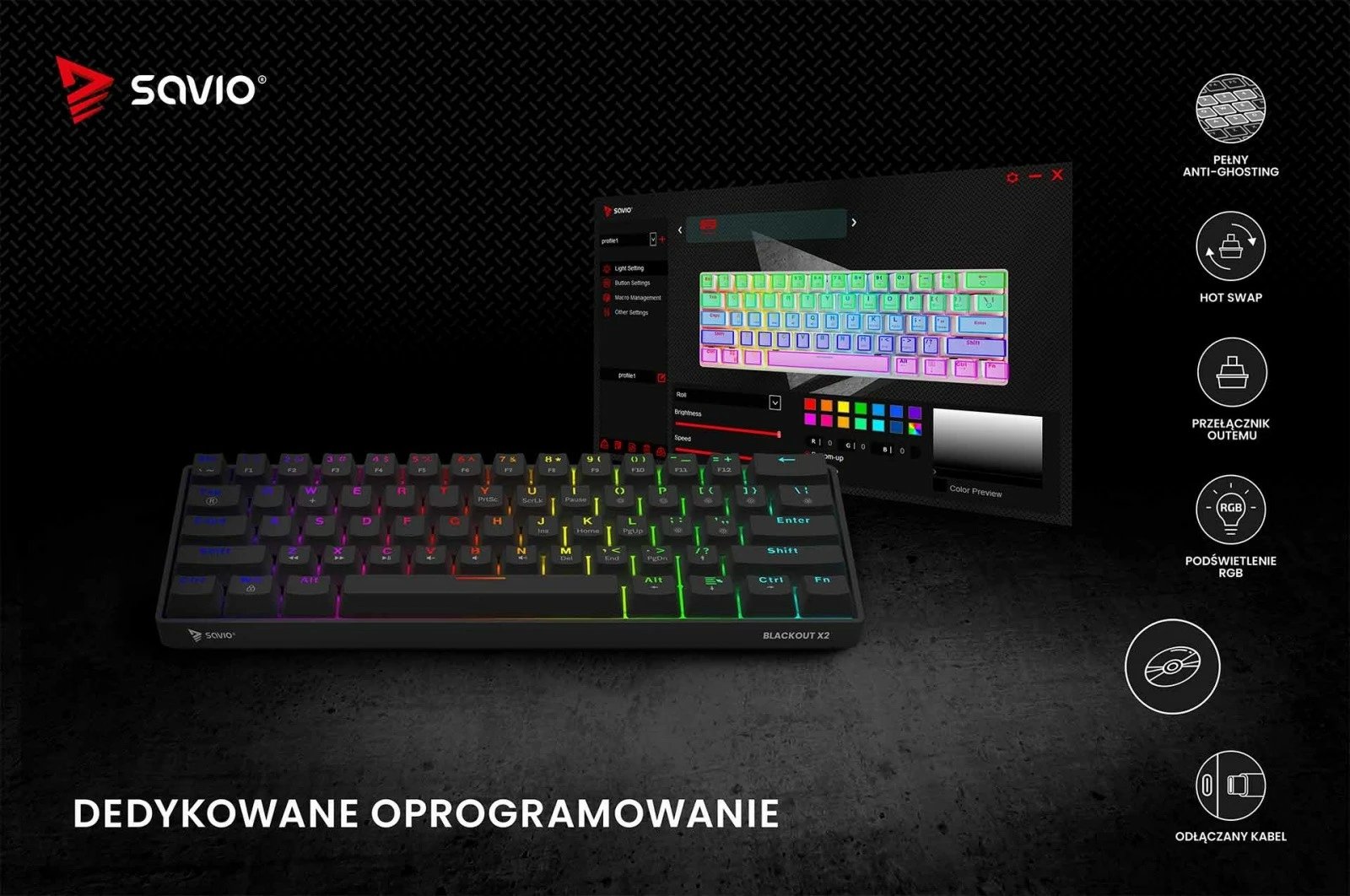 Tastierë mekanike Savio Blackout X2 OUTEMU Brown, 60%, ARGB, Hot Swap, e zezë Tastierë mekanike Savio Blackout X2 OUTEMU Brown, 60%, ARGB, Hot Swap, e zezë