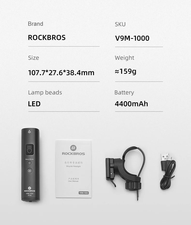 Dritë përpara biçiklete Rockbros V9M-1000, 1000 lumen, e zezë