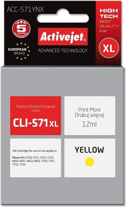 Ngjyrë zëvendësuese Activejet ACC-571YNX për printer Canon, 12ml, e verdhë
