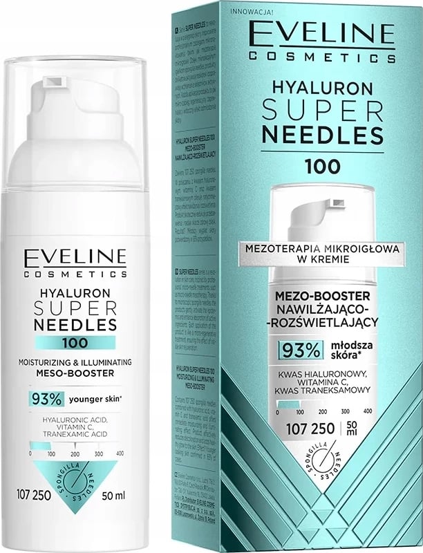 Mezo-Booster për fytyrë Eveline Cosmetics Hyaluron Super Needles 100 Hydrating-Brightening për femra, 50ml