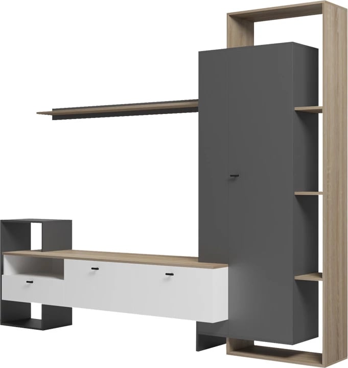 Set për dhomë dite Ferefia, ngjyrë sonoma, e bardhë dhe gri e errët, 240x45.5x189.5cm