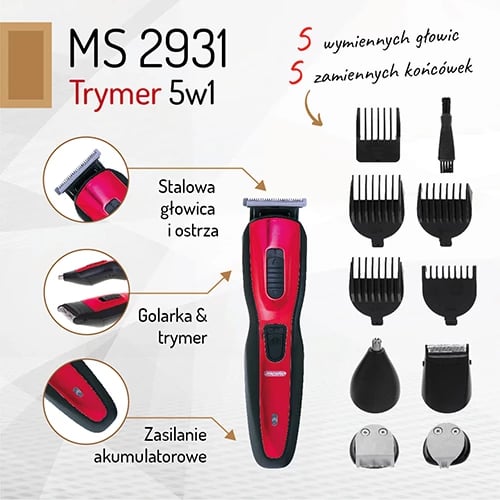 Trimmer 5 në 1, Adler, MS 2931, 5 koka ndërruese, teh/kreherë çeliku, pa kabllo, 48W, me bazë-karikues, e kuqe/zezë, set