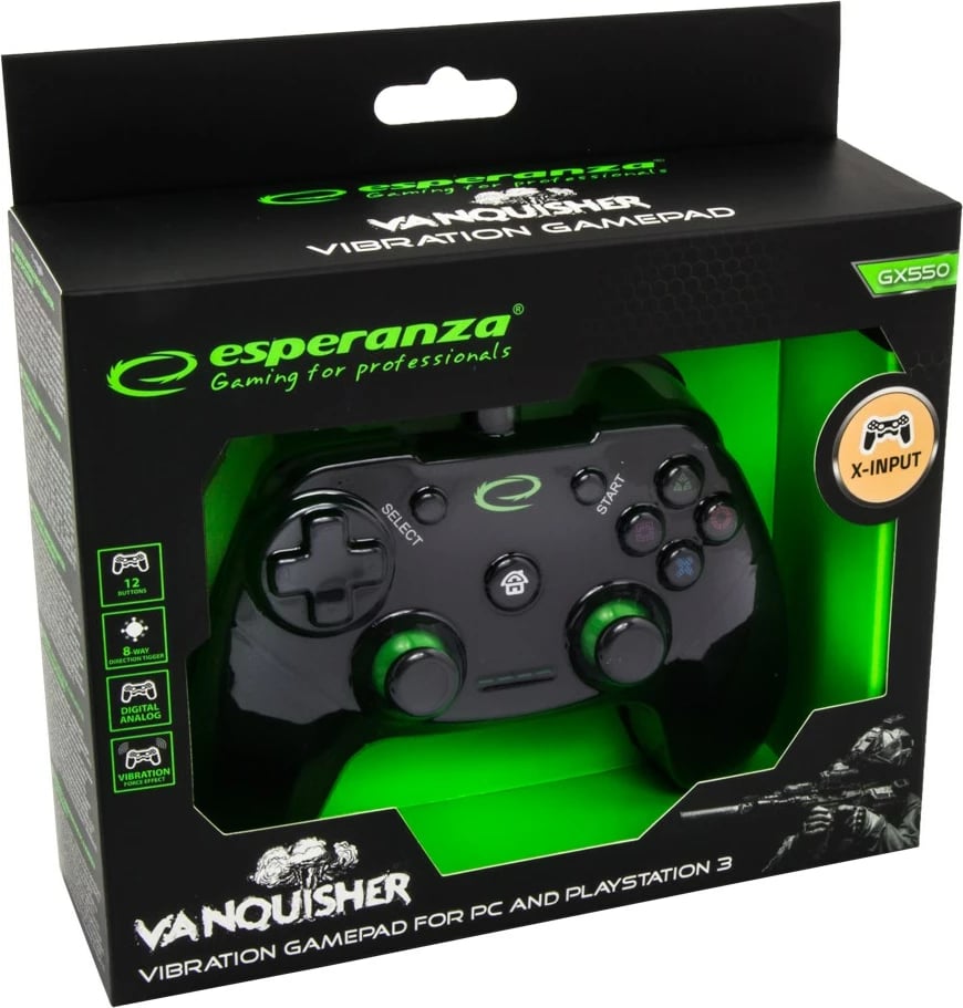 Kontroller gaming Esperanza EGG110K për PC, Playstation 3, i zi