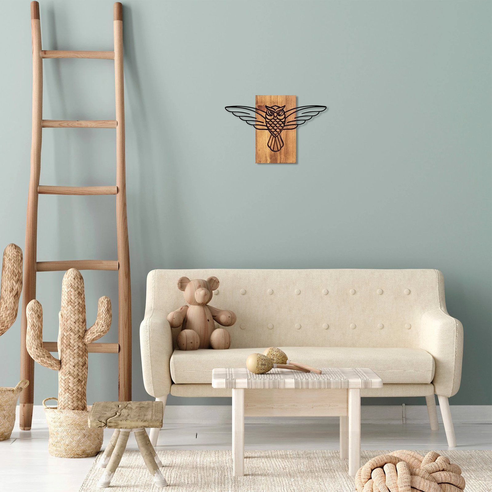 Aksesor dekorativ për mur, dru dhe metal, dizajn buf, Wallity, 38x3x25cm