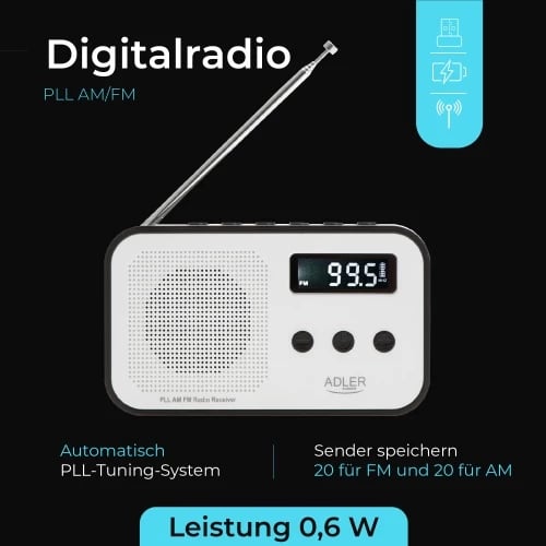 radio digjital PLL AM/FM, Adler, AD 1907, LCD, memorie 40 stacione, bateri 600 mAh, USB-C, e bardhë/zezë