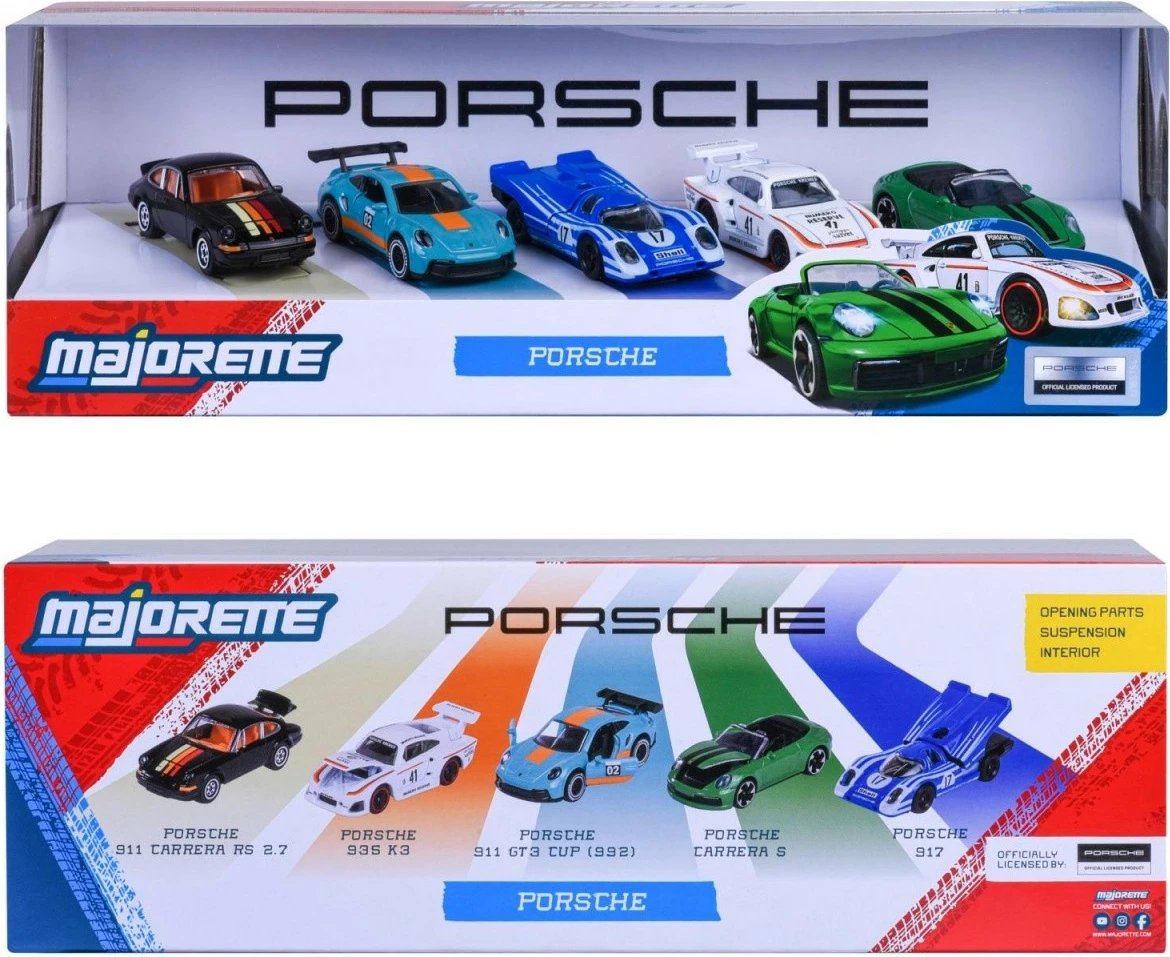 Set vetura lodër Majorette Porsche, 5 copë, shumëngjyrëshe