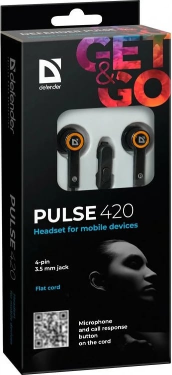 Kufje in-ear Defender PULSE 420 me mikrofon, 3.5mm, Zezë-Portokalli