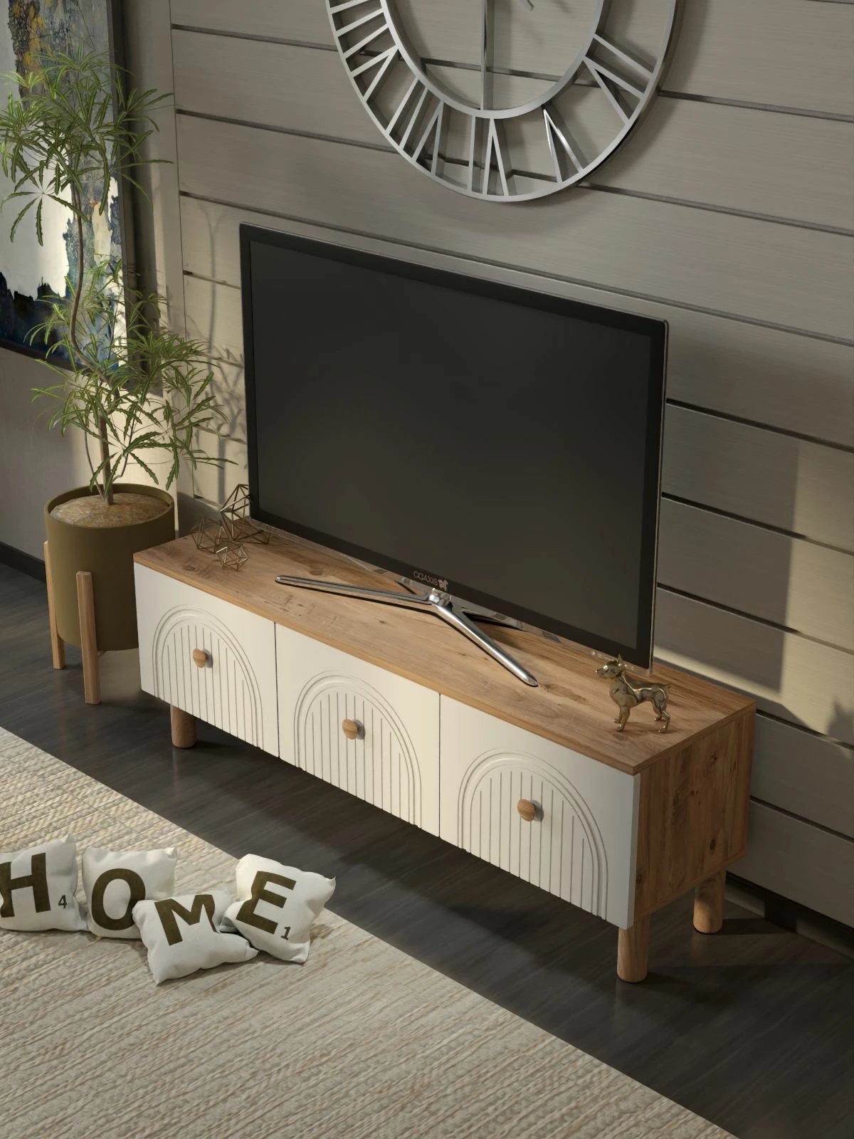 Komodë TV Skye Decor, Bellora 135, ngjyrë pishë Atlantike dhe e bardhë