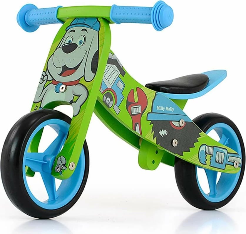 bicikletë 2-në-1 për fëmijë Milly Mally JAKE, dru, rrota shkumë 7 inç, sedilje e rregullueshme, ngarkesa maks 25 kg, 18-36 muaj, blu
