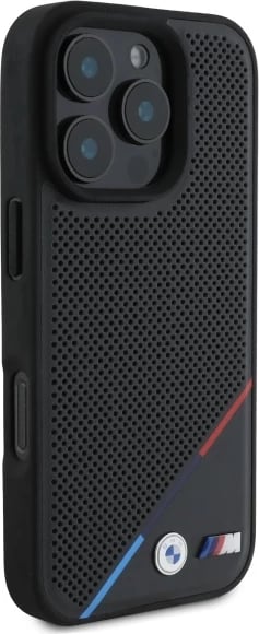 Mbështjellës BMW M Perforated Tricolor Line MagSafe për iPhone 16 Pro Max, i zi