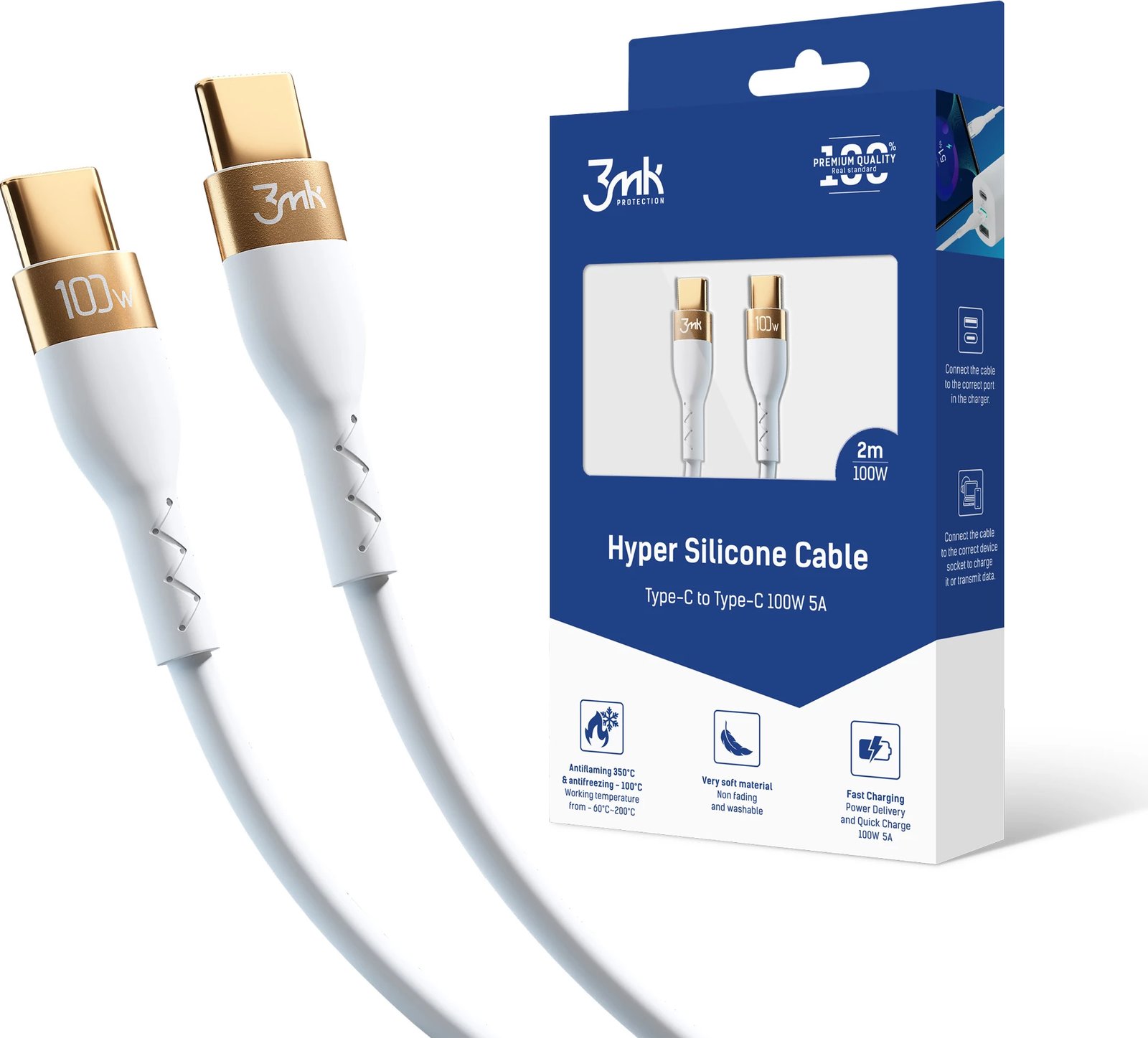 Kabllo USB-C në USB-C 3mk Hyper Silicone Cable, 2m, 100W, e bardhë