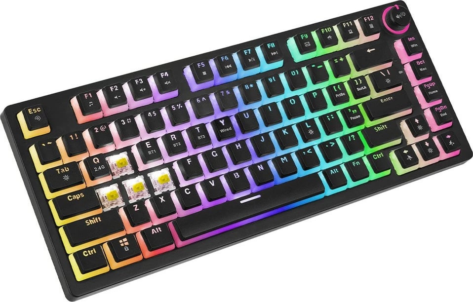 Tastierë mekanike Savio Phenix, Gateron Yellow Pro, wireless/përmes kabllos, RGB, e zezë Tastierë mekanike Savio Phenix, Gateron Yellow Pro, wireless/përmes kabllos, RGB, e zezë