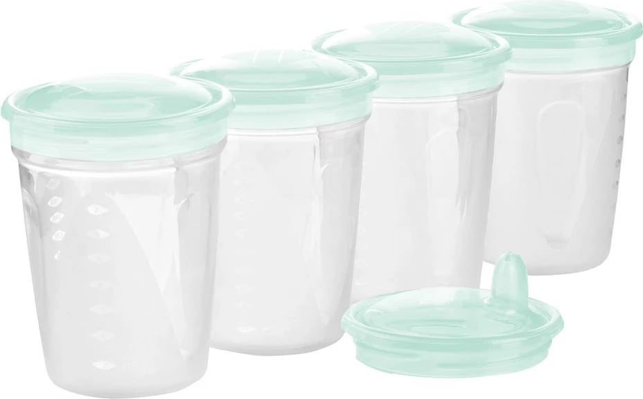 Set kontejnerësh ushqimi me grykë, Baby Ono, 200 ml, 4 copë + 4 kapakë + kapak me grykë, transparent/mente