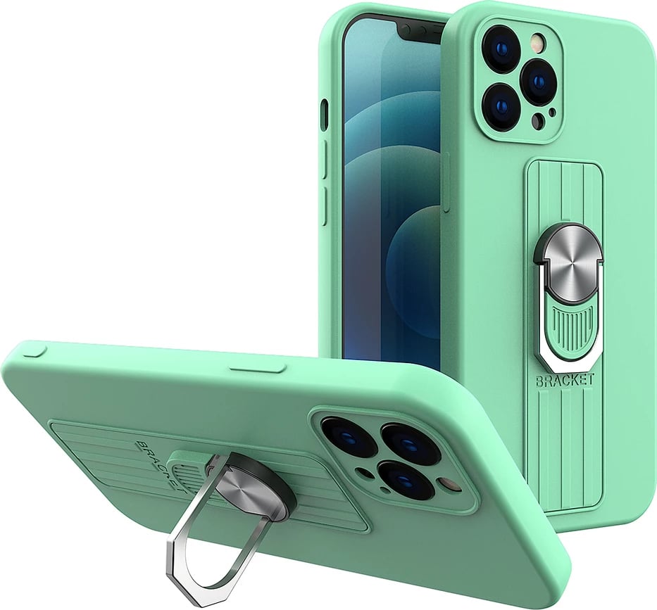 Mbështjellës silikoni Hurtel Ring Case me dorezë dhe qëndrim për iPhone 12 Pro Max, mint