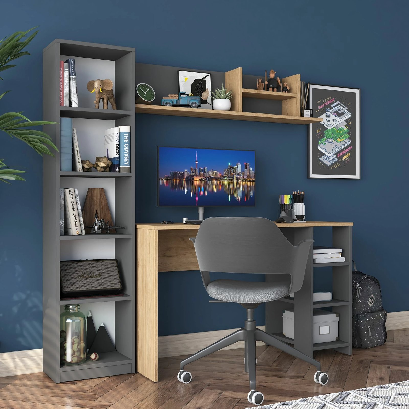Set tavoline studimi me raft librash Skye Decor, HA125 - 2699, ngjyrë arre dhe antracit
