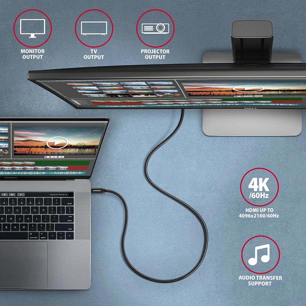 Kabllo USB-C AXAGON BUCM32-CM15AB, 1.5m, 100W, 20Gbps, i zi