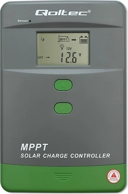 Kontroller karikimi diellor MPPT, Qoltec 53665, 60A, 12V/24V, LCD, Bluetooth me APP, sensor temperature, për GEL & LiFePO4, gri/jeshile